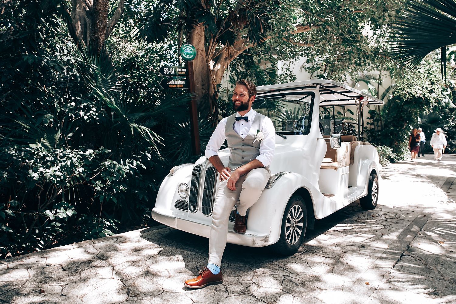 White decorated wedding cars parked along a shaded pathway with guests gathering around.