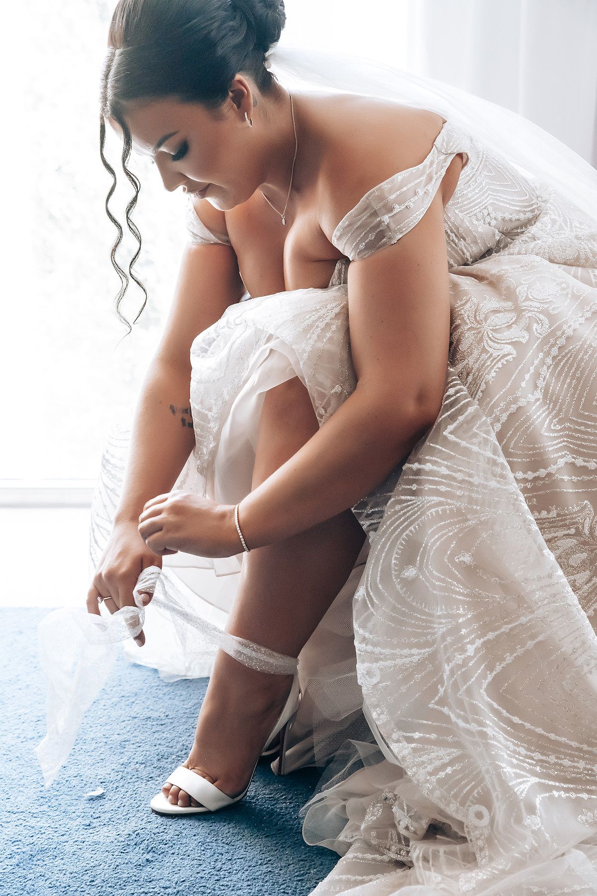 Close-up shots of wedding dress details and accessories against a light background.