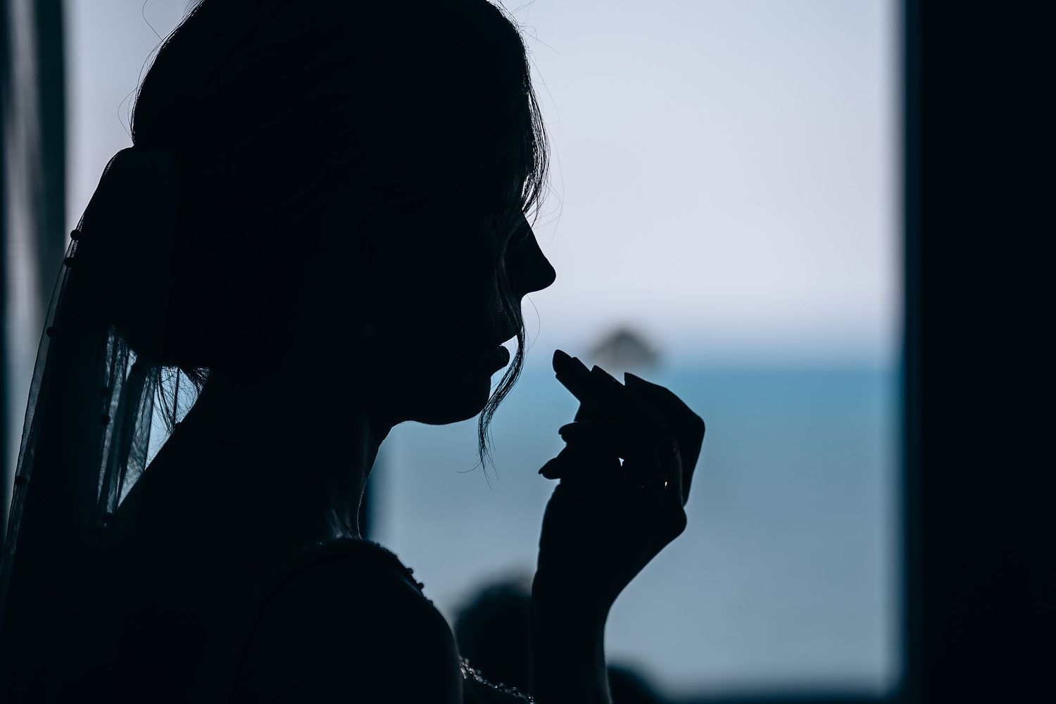 A silhouetted profile of a person smoking against a blurred background.