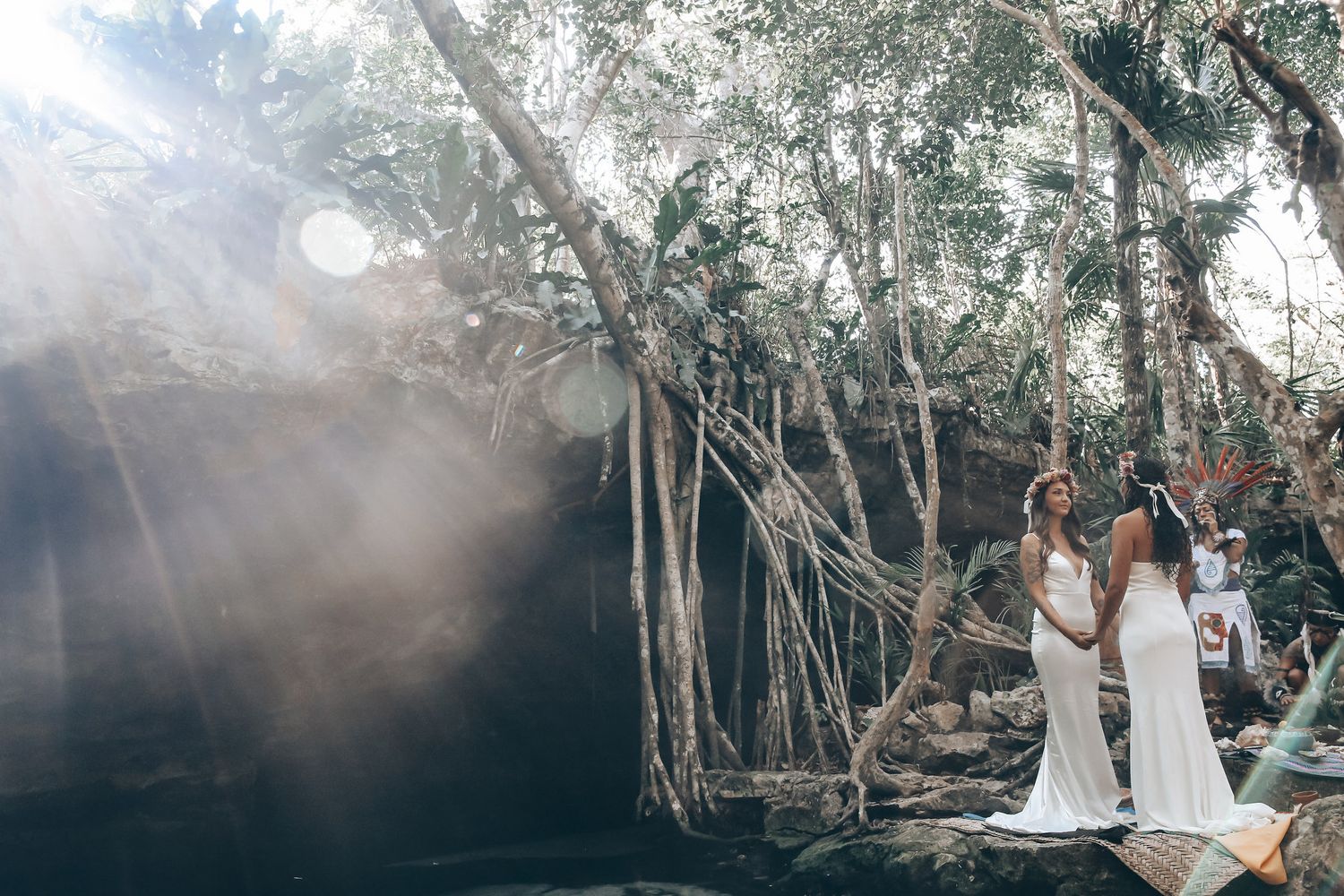 A misty forest scene with sunlight streaming through the trees creating an ethereal atmosphere.