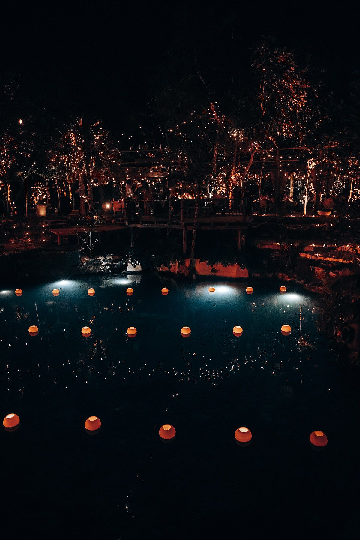 Glowing lanterns floating on dark water at night with illuminated trees in background.