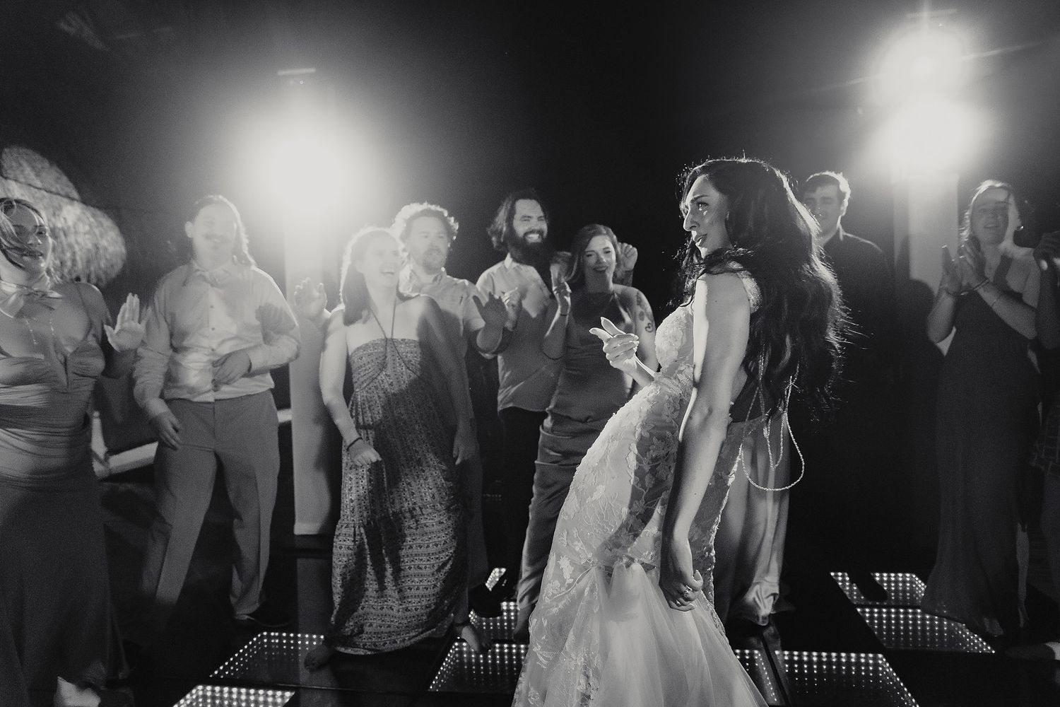Black and white photos of wedding reception dance party.
