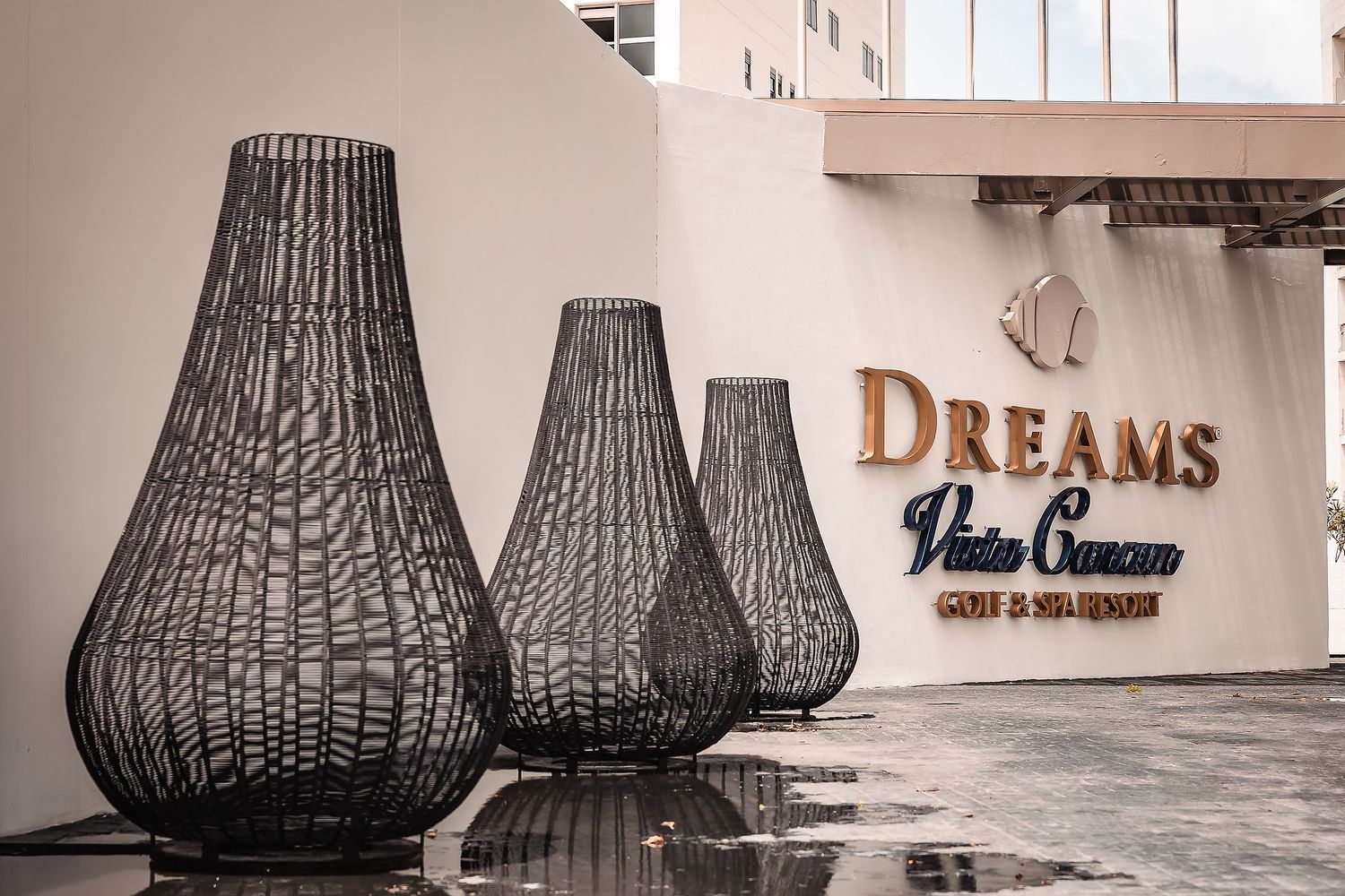 Modern black wire mesh vases displayed against a white wall with decorative text.