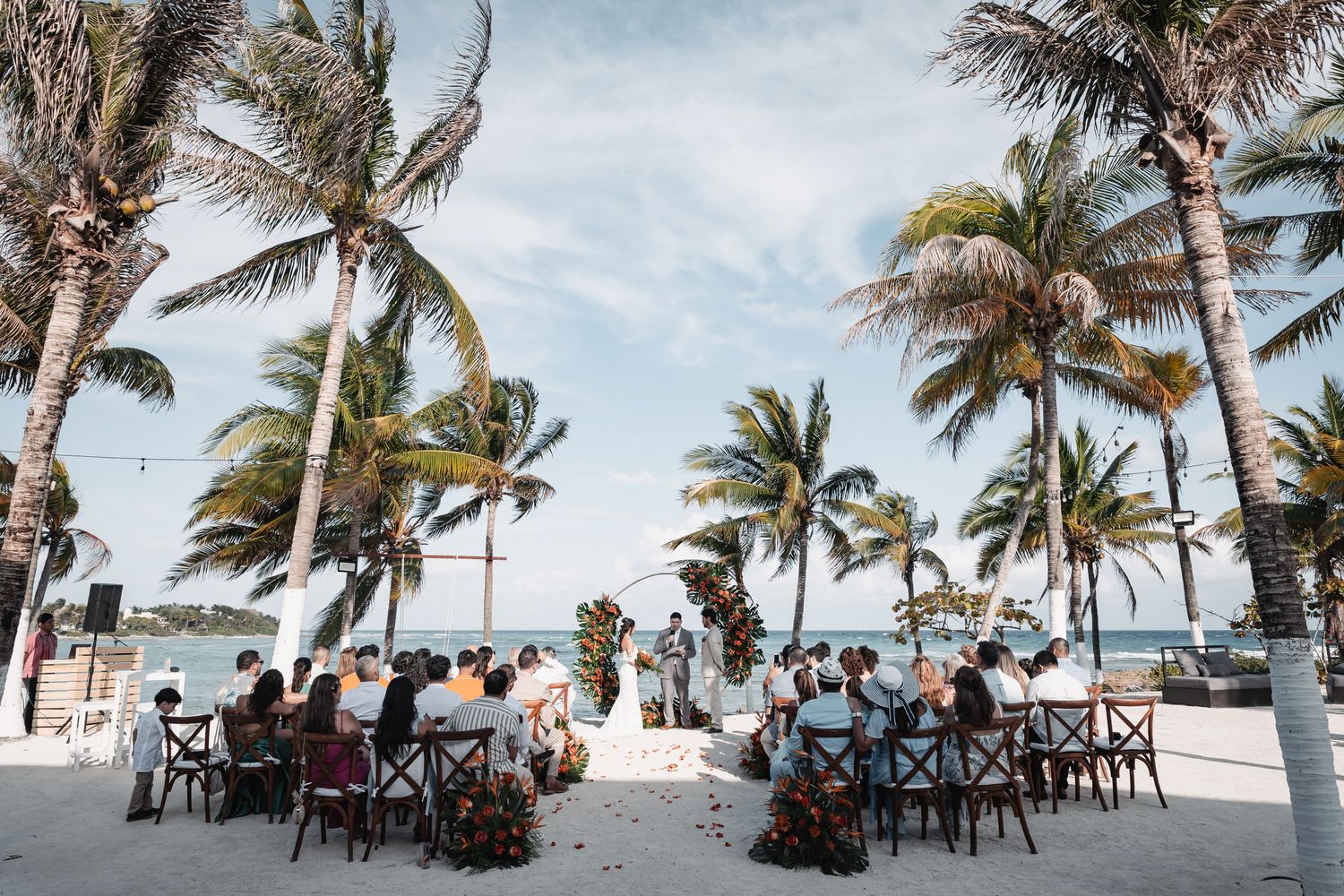 Guests seated at intimate beach wedding ceremony under palm trees with ocean backdrop.