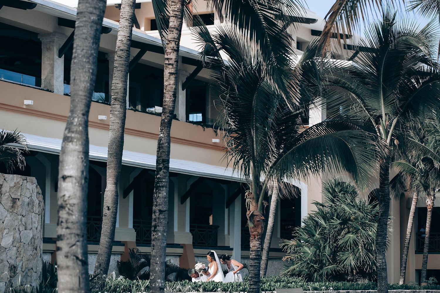 Resort wedding venue exterior with palm trees and tropical landscaping.