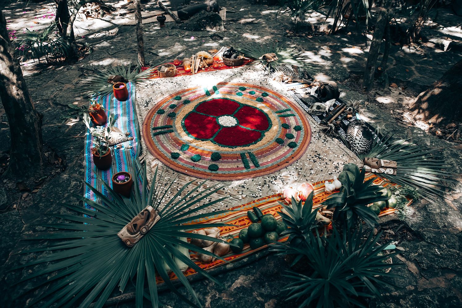 Aerial view of a circular red and white geometric pattern in a garden surrounded by lush tropical vegetation.
