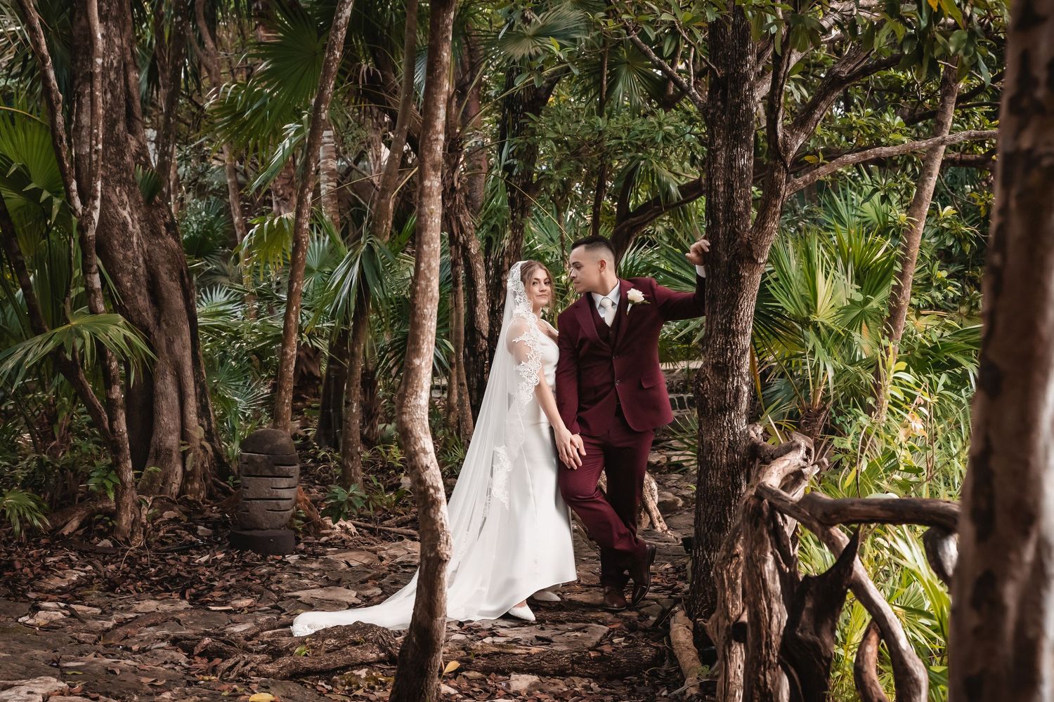 Bride and groom romantic portrait at Sandos Caracol Riviera Maya