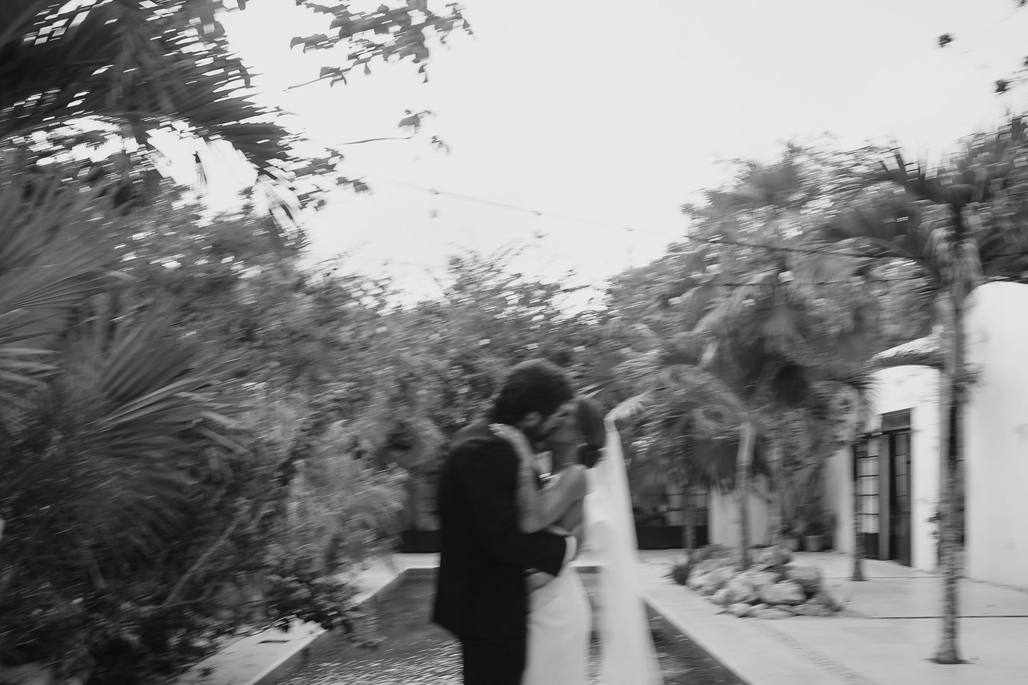Black and white photo of a bride and groom sharing a kiss outdoors surrounded by lush tropical greenery.