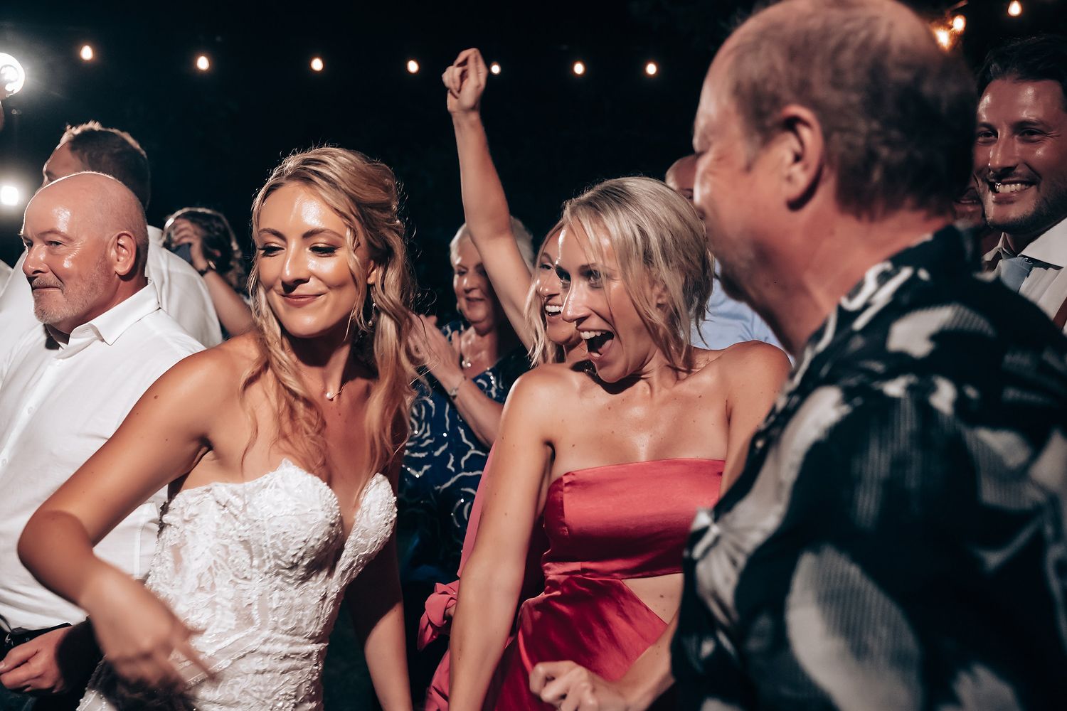Wedding reception party scene showing guests and wedding party celebrating with joyful expressions.