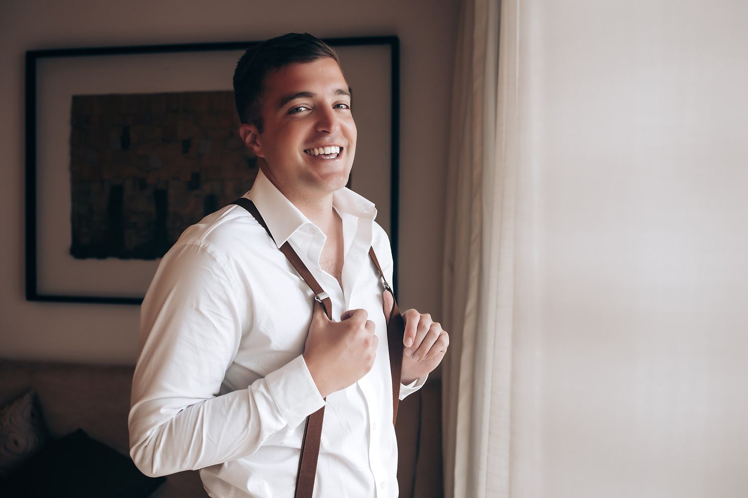 Collection of candid moments captured in a bright interior space with white button-up attire.