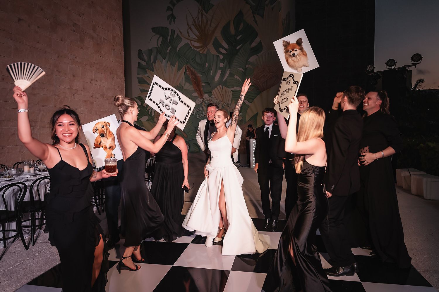 A series of black and white photographs showing people dancing and socializing at what appears to be a party or celebration.