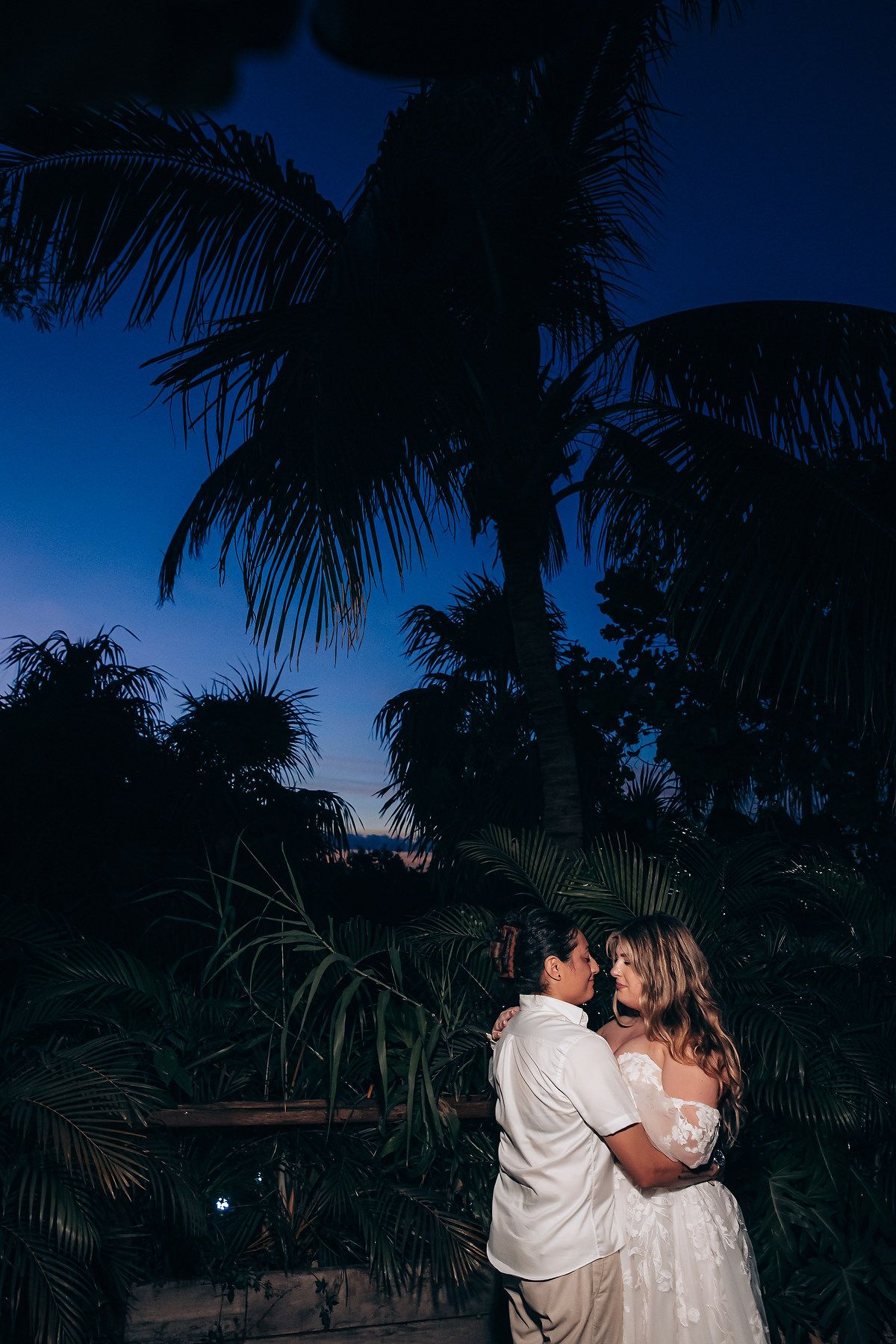 A romantic silhouette of a couple embracing against a backdrop of palm trees and deep blue twilight sky.