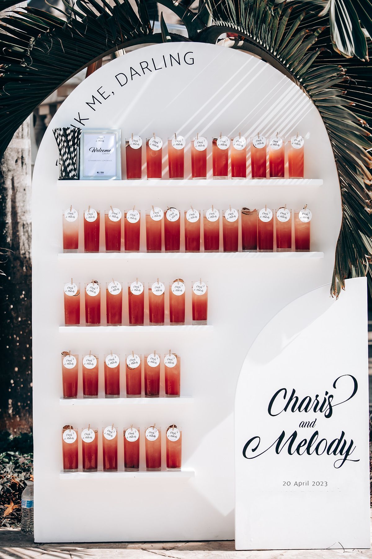 Wedding seating chart display with pink drink glasses arranged on white boards with calligraphy text.