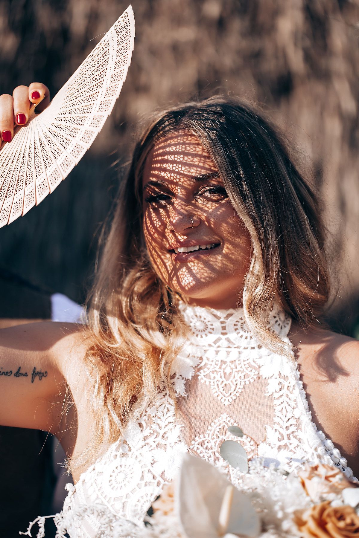 A series of artistic portraits featuring a lace parasol creating delicate shadow patterns in natural sunlight.