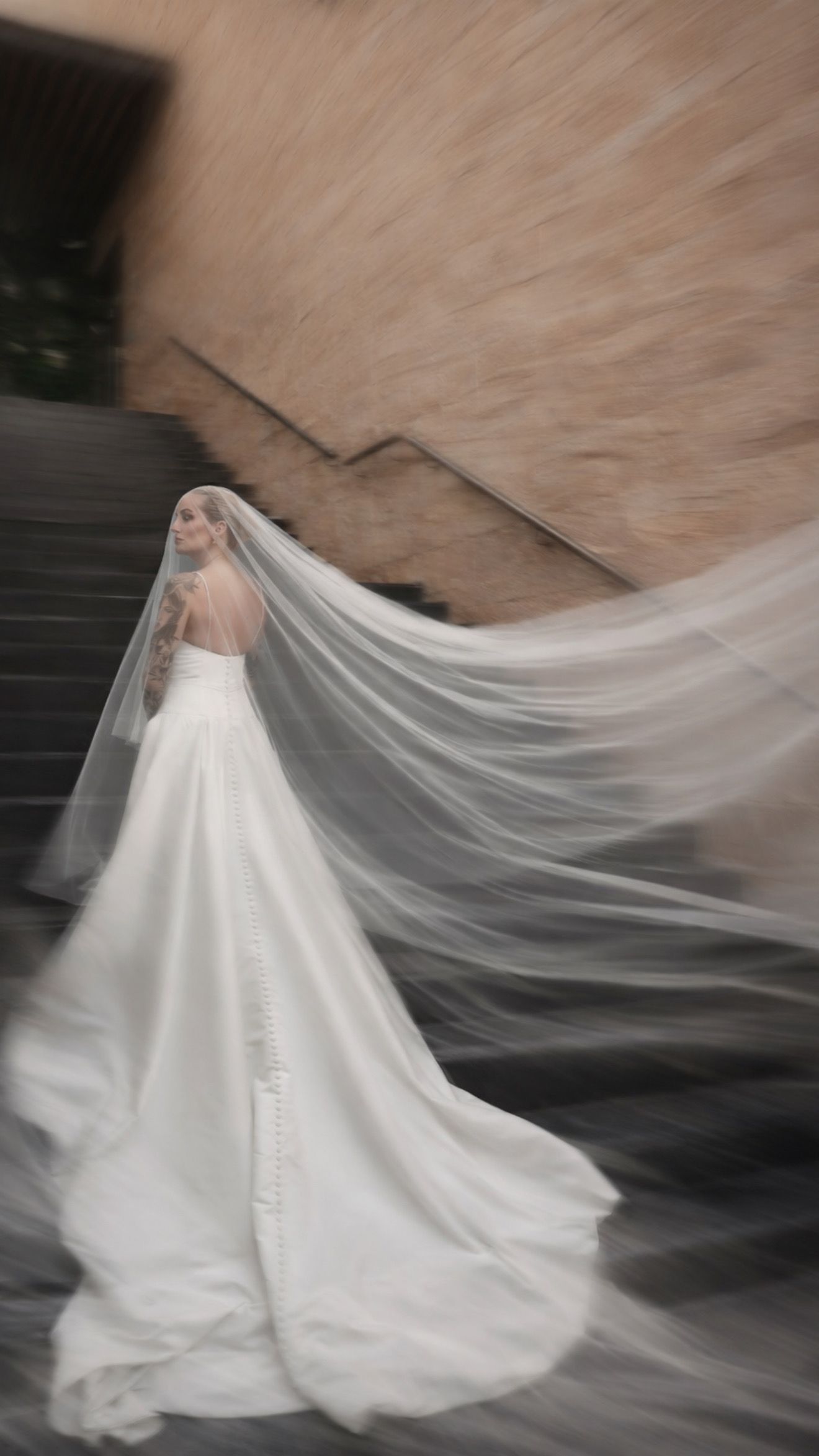 Bride in a flowing white ball gown with a dramatic cathedral veil billowing in the wind on stone steps.