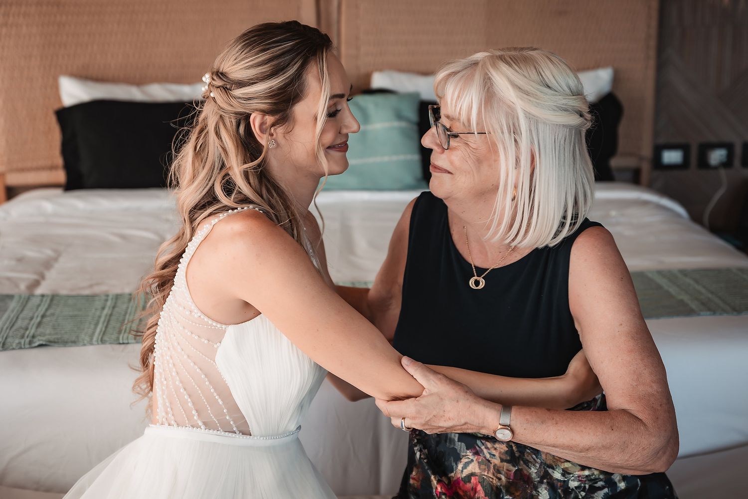 Intimate getting ready moments during wedding preparations.