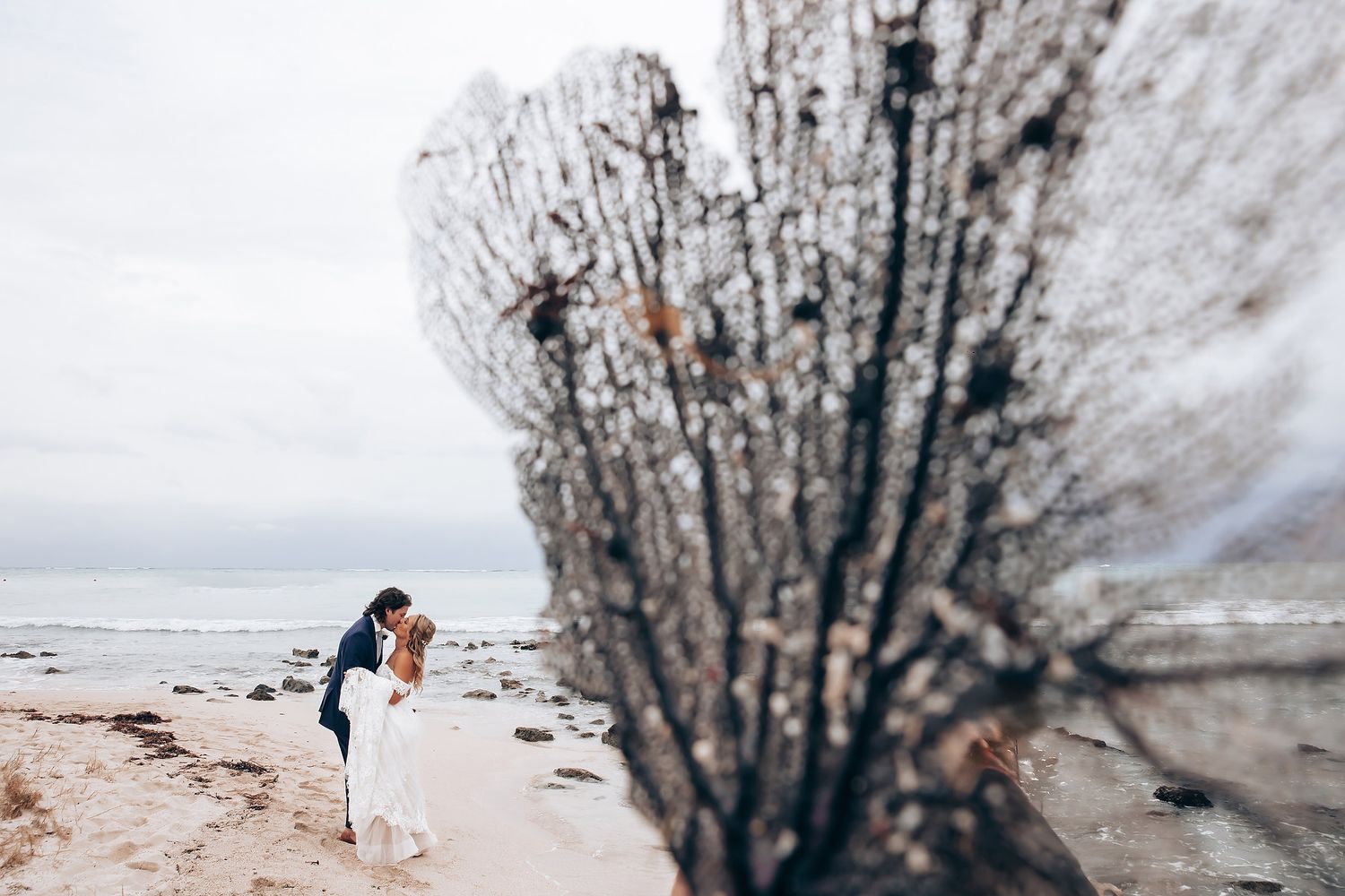 Artistic winter wedding photo with snow-covered branches creating a dreamy atmosphere.