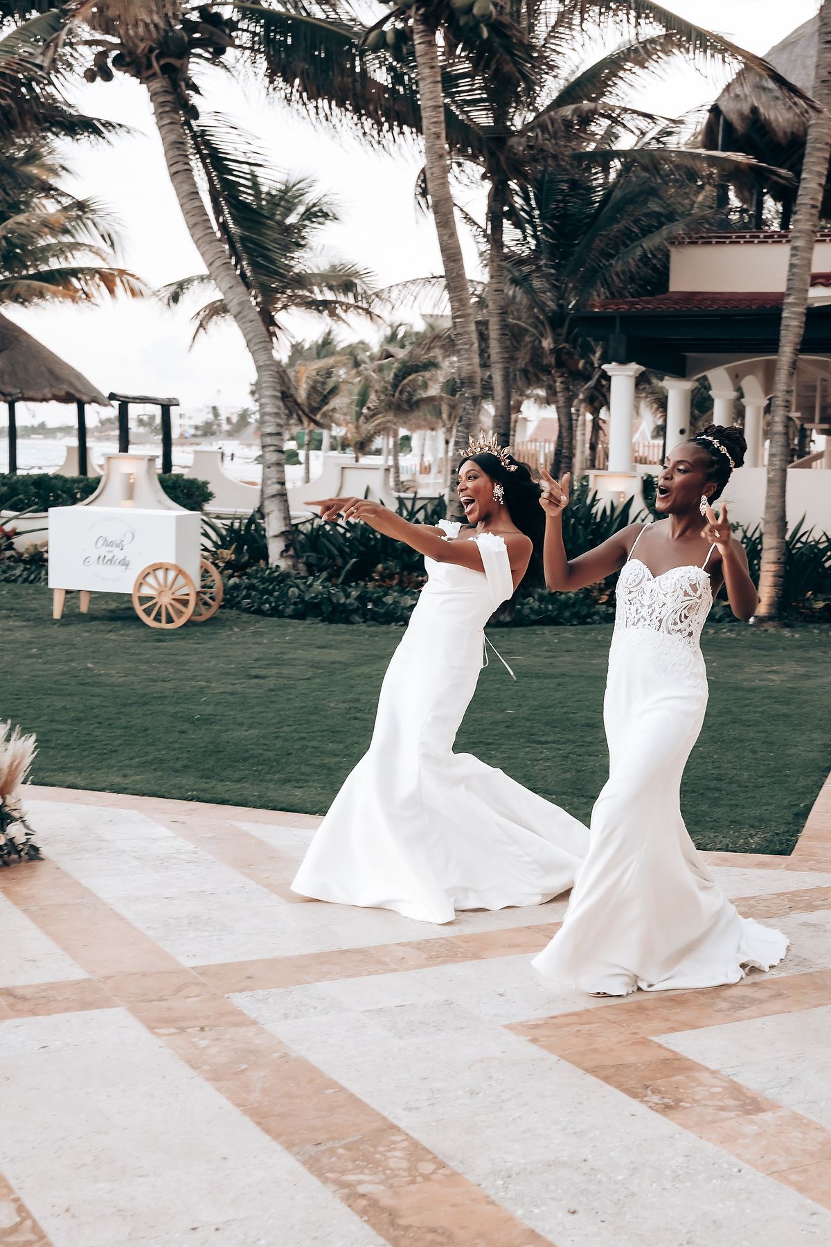 Wedding party dancing on a beachfront lawn with palm trees swaying in the breeze.