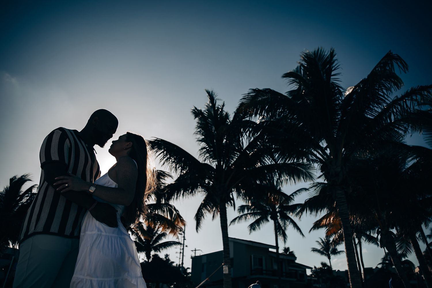 Romantic silhouette of an interracial couple embracing at dusk with tropical palm trees in the background.