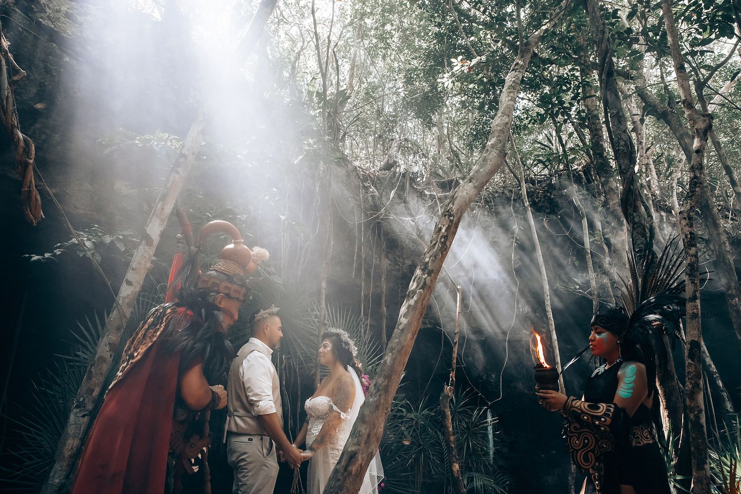 Atmospheric forest ritual scene with smoke and traditional ceremonial practices being performed.