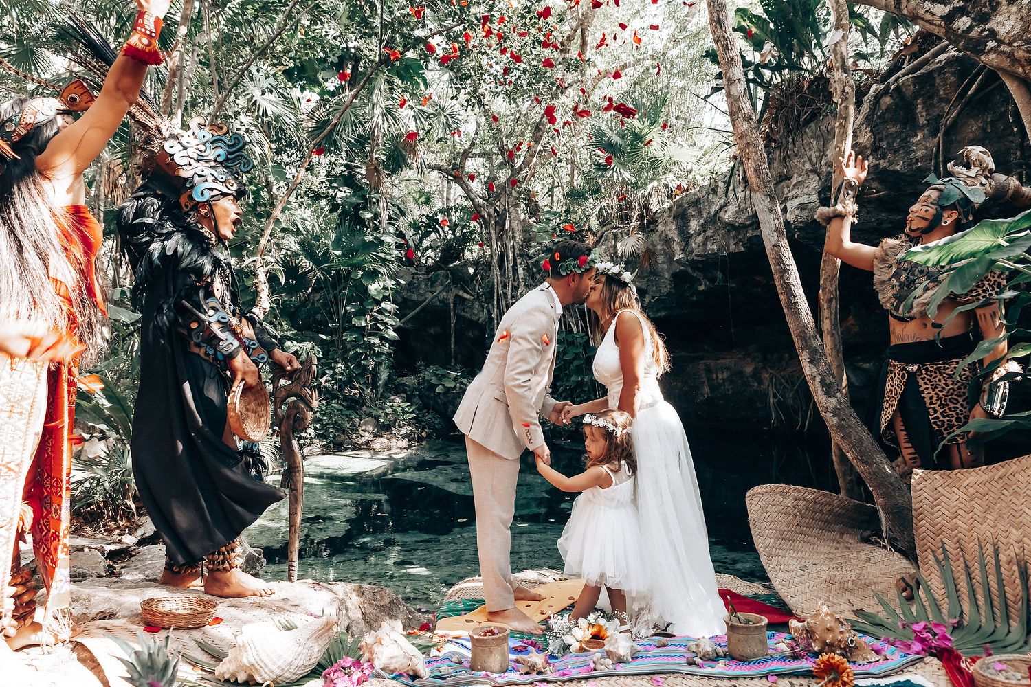 A forest wedding celebration with traditional ceremonial elements and natural decor.