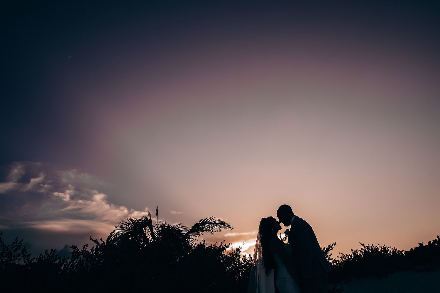 Silhouette of wedding couple against dramatic sunset sky with palm trees.