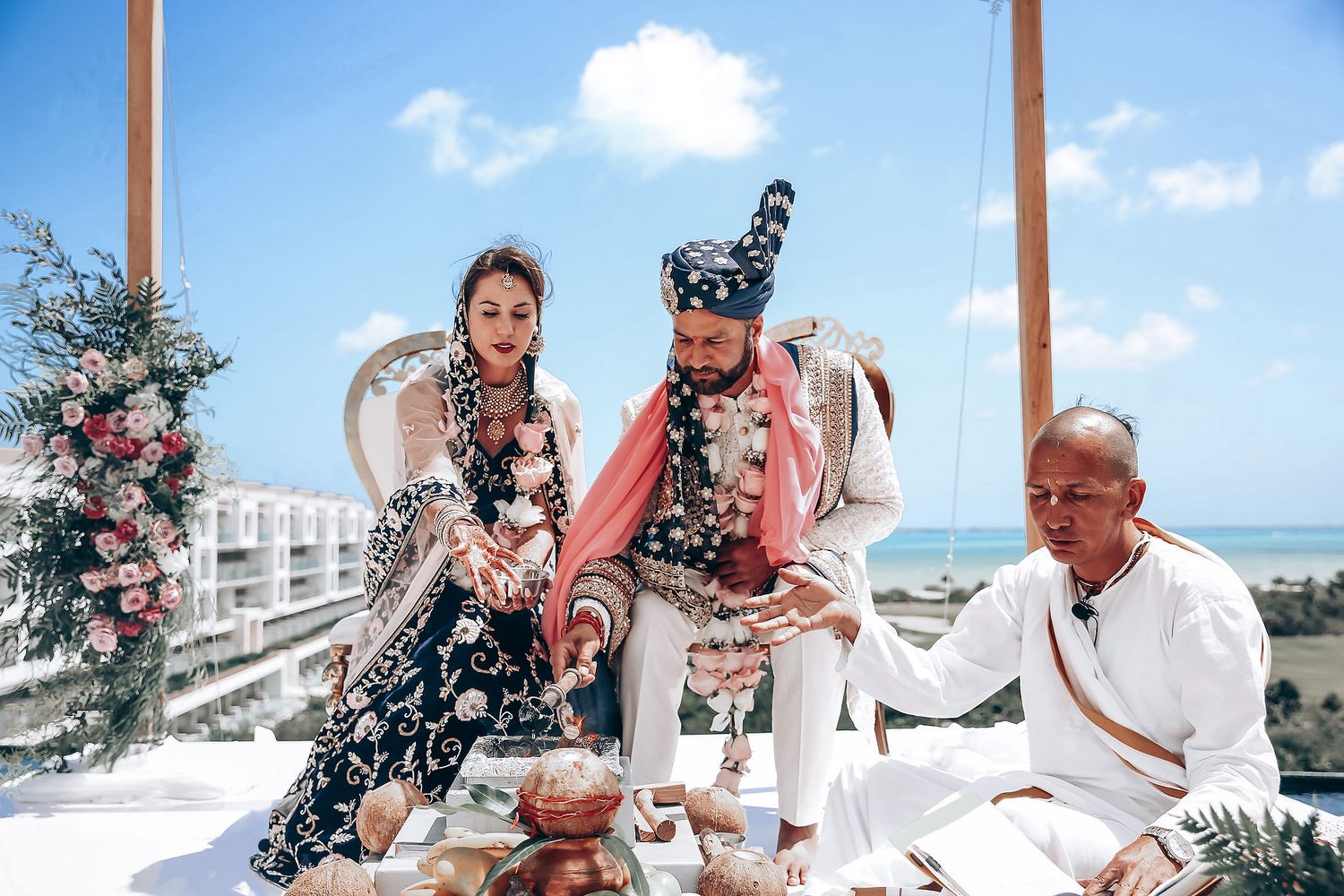 A sequence of wedding celebration photos showing joyful moments on a sunny beach with tropical decor and flowers.