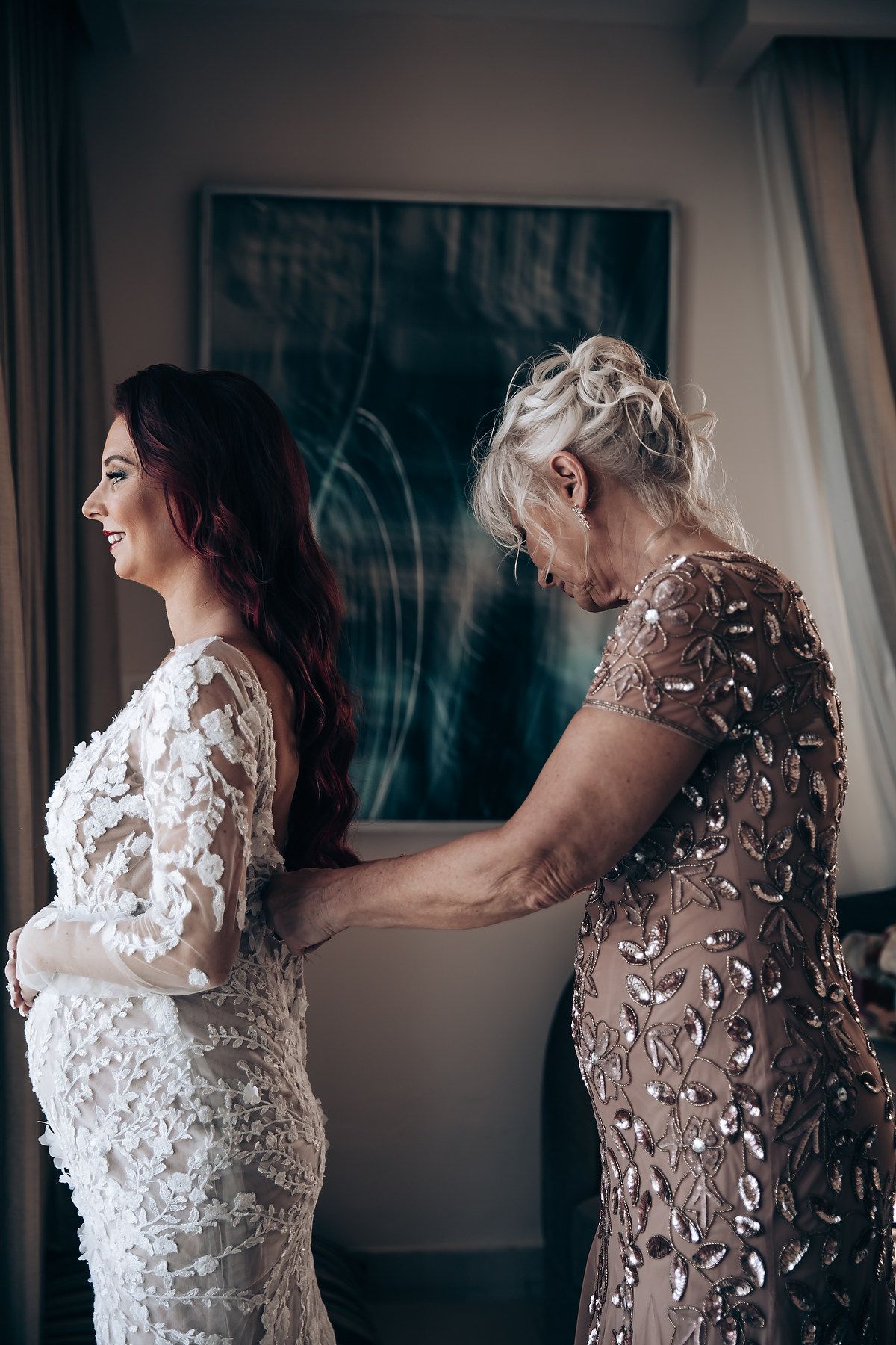 Elegant lace wedding dress details shown in a series of close-up shots highlighting intricate floral patterns.