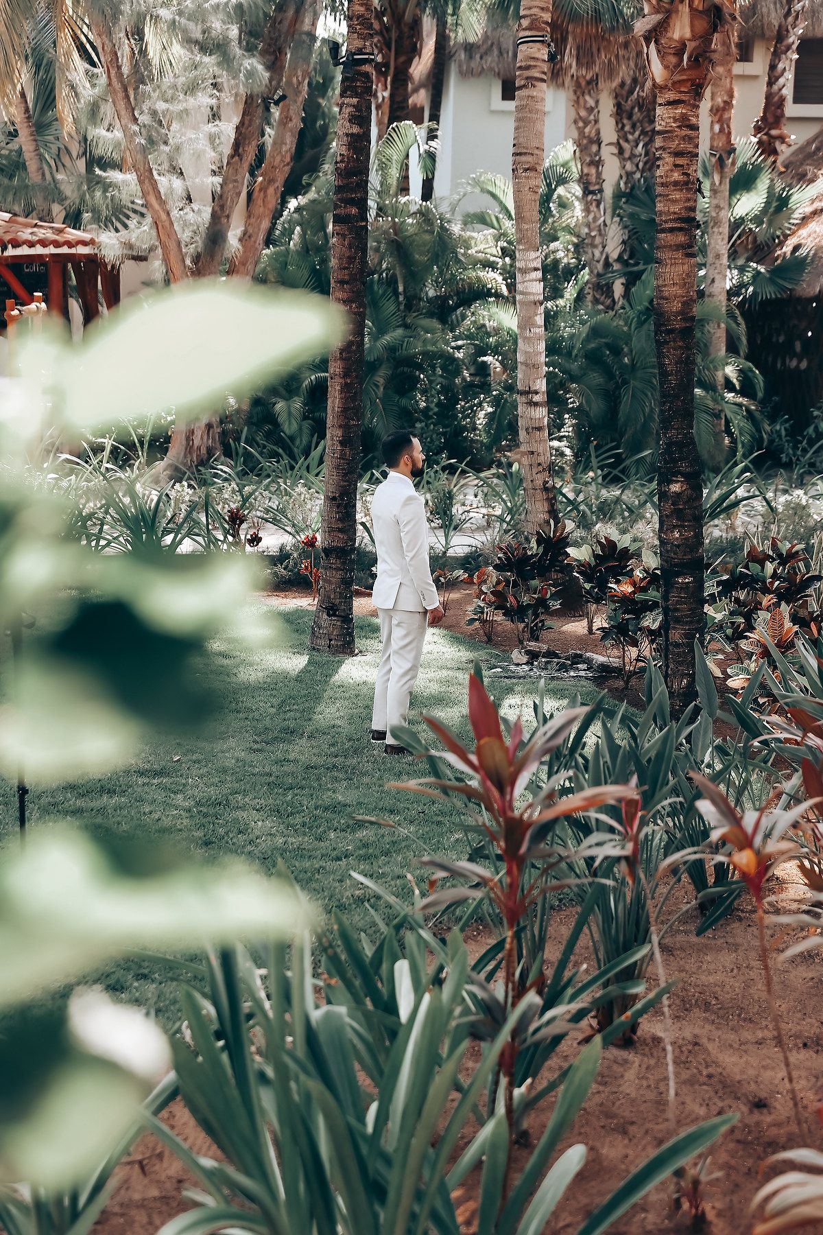 Figure in white attire walking through a lush tropical garden path lined with palm trees and exotic plants.