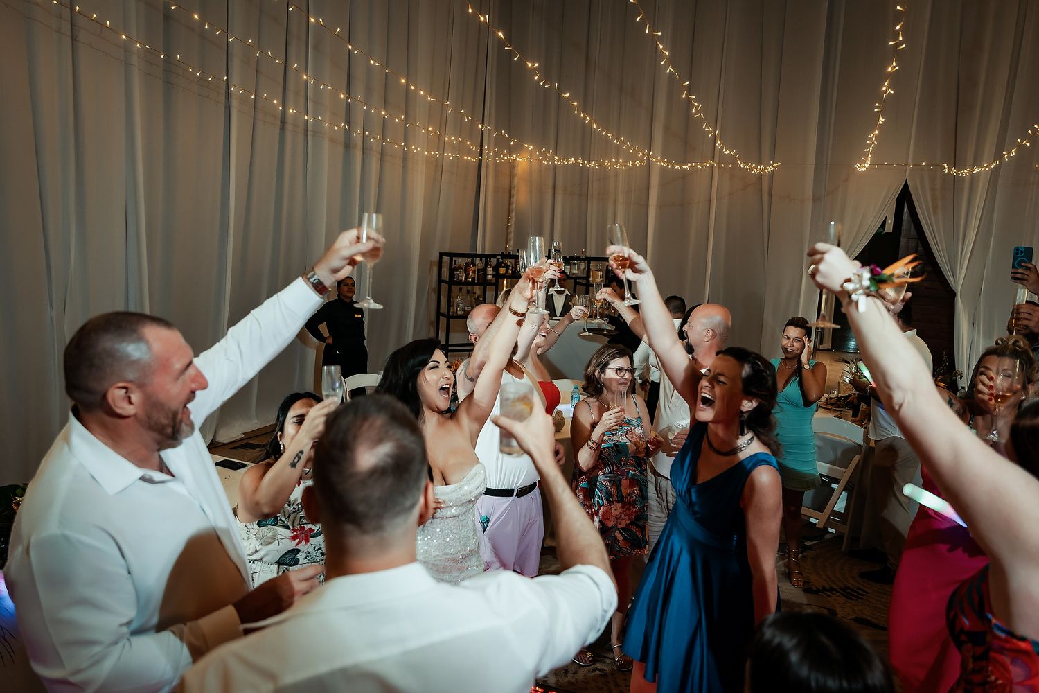 Wedding guests raising glasses in a joyful toast celebration indoors with fairy lights and draped white curtains.