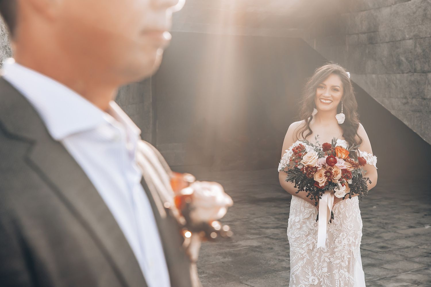 Elegant bride and groom share romantic moments in a wedding photo series.