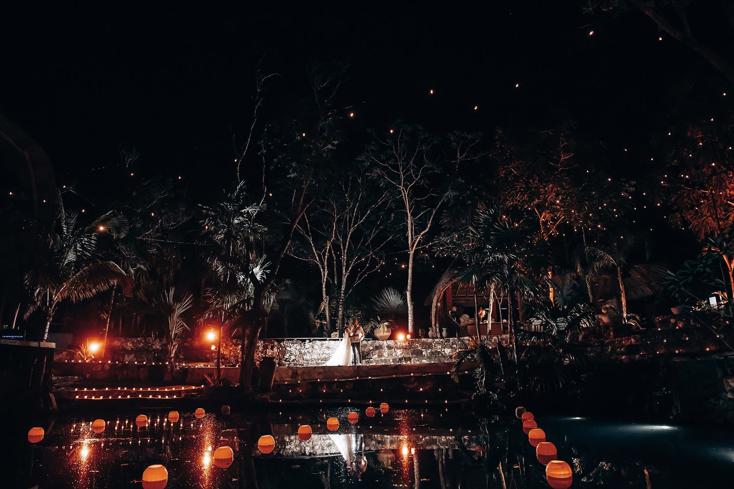 Nighttime cityscape with illuminated trees and pathways creating a moody urban atmosphere.
