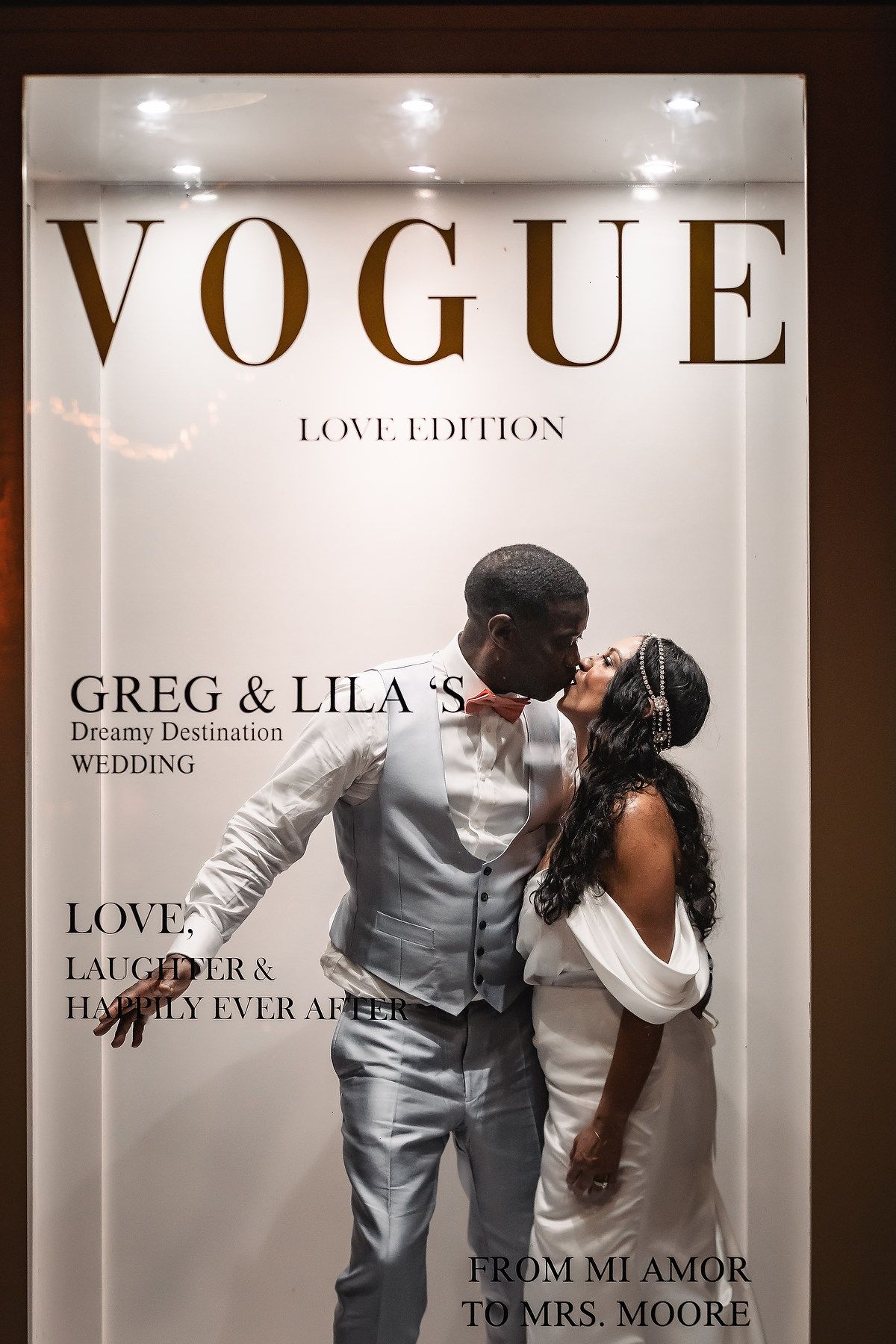 Stylized Vogue magazine cover mockup featuring elegant wedding photography.