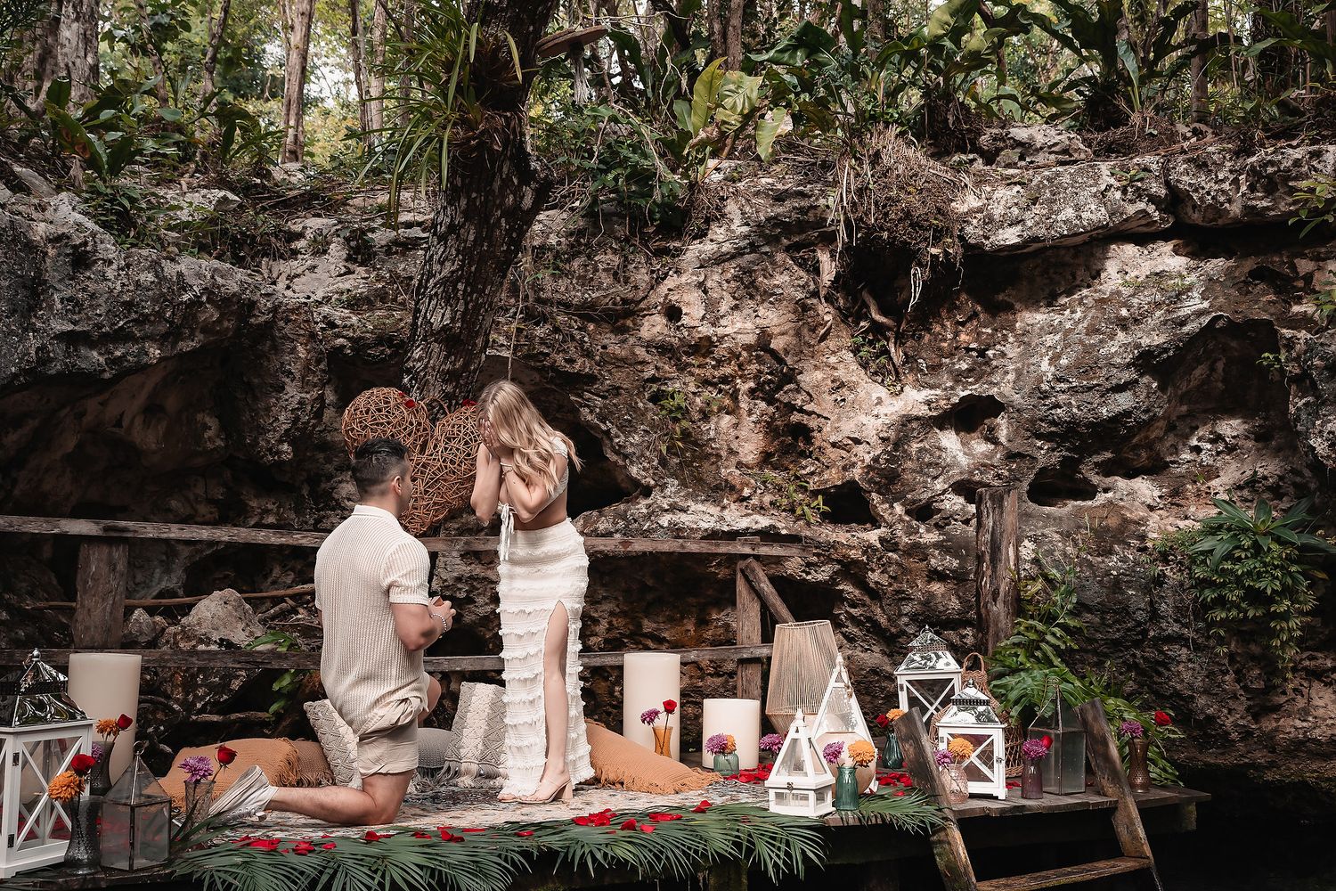Romantic garden setup with stone walls, decorative elements and natural foliage.