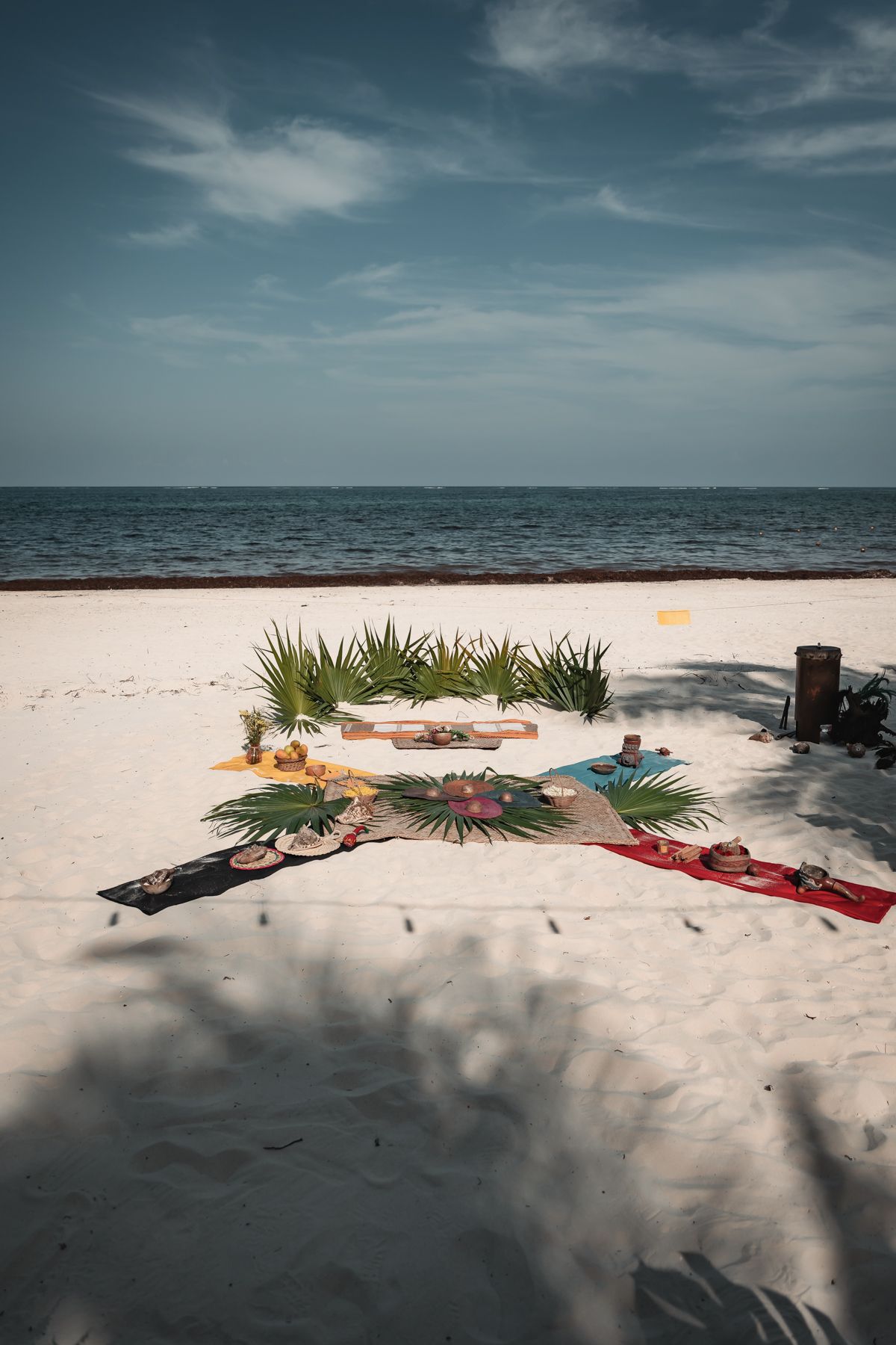 Colorful beach picnic setup with tropical palm leaves and blankets on white sand with ocean horizon.