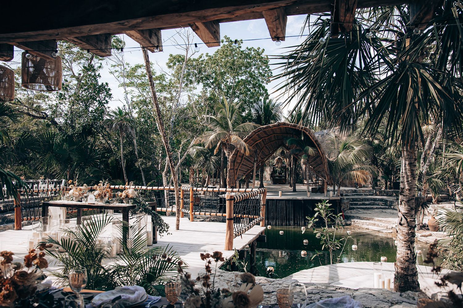 A scenic boardwalk path winds through tropical palm trees and lush vegetation at a coastal park.