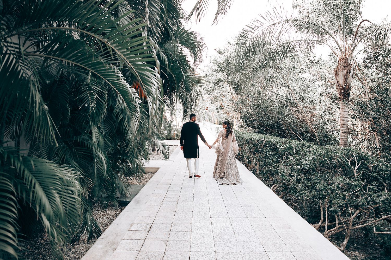 Elegant couple strolling down a scenic palm-lined walkway.