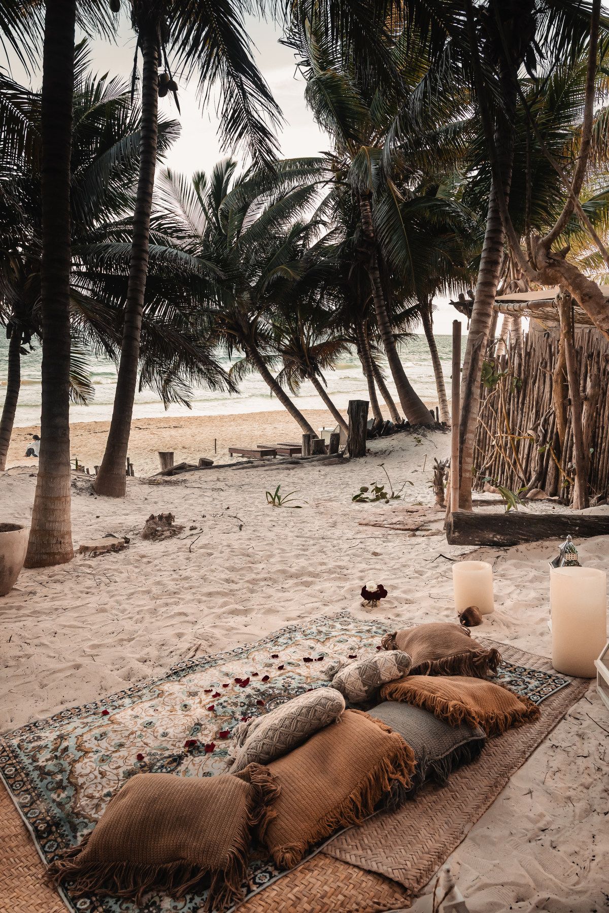 Beachfront lounge setup with comfortable cushions under palm trees.