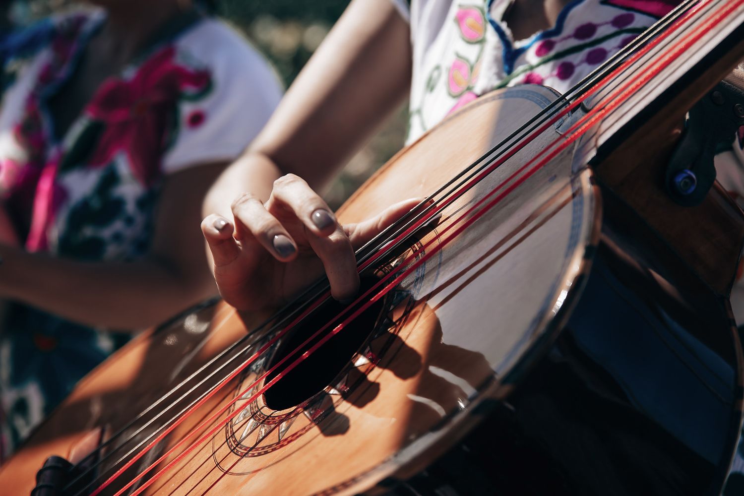 A close-up view of a person playing a violin, with their fingers on the strings.