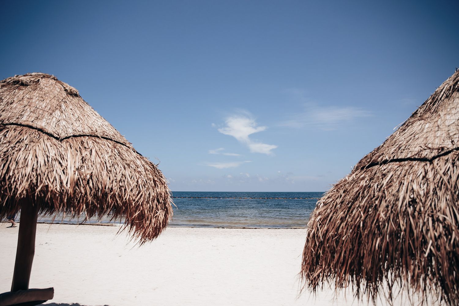 Tropical beach scene with thatched umbrellas overlooking the calm, blue ocean.