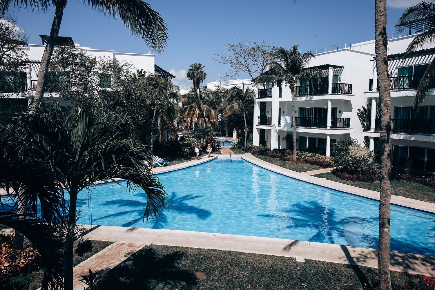Luxury resort swimming pool surrounded by palm trees and modern white buildings on a sunny day.