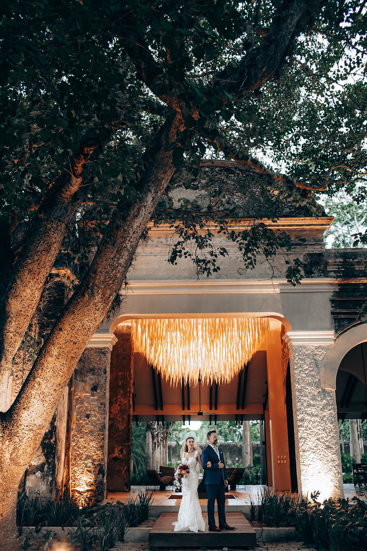 Outdoor wedding venue with illuminated string lights and large trees creating natural canopy.