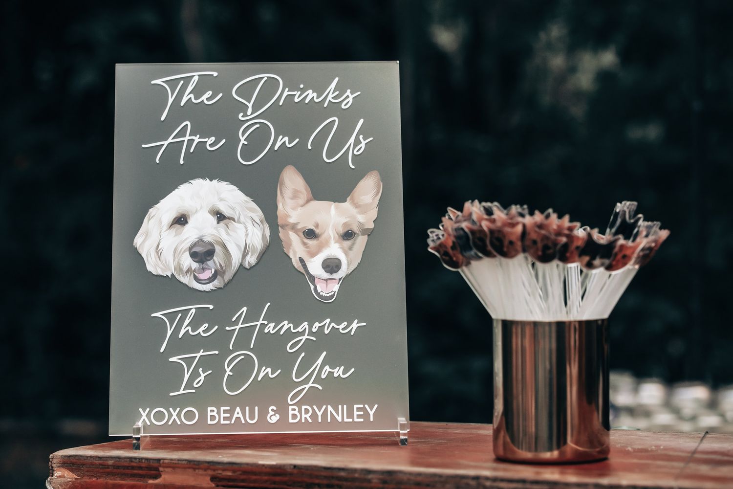 Custom wedding bar sign featuring illustrated dogs reads The Drinks Are On Us beside dried florals.