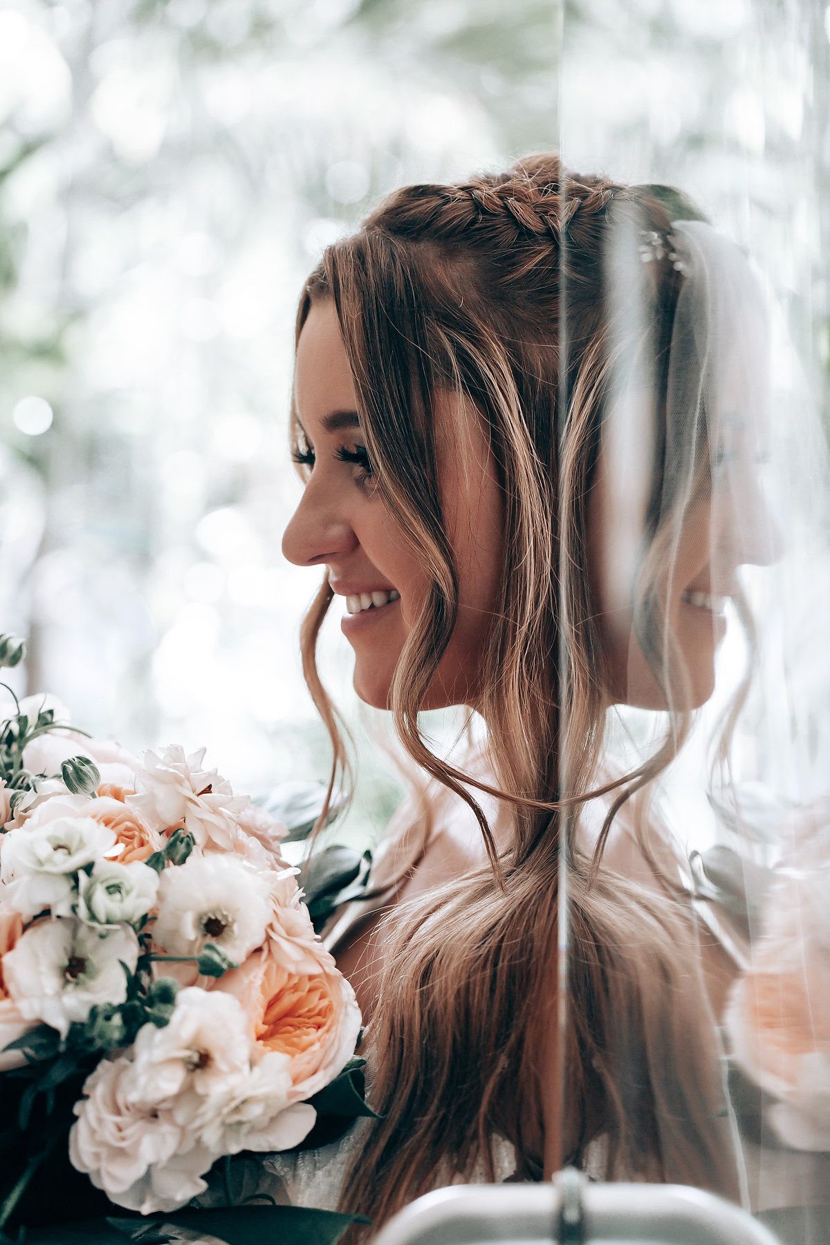 Artistic wedding photography series showing close-up profile shots with delicate peach and white floral bouquet details.