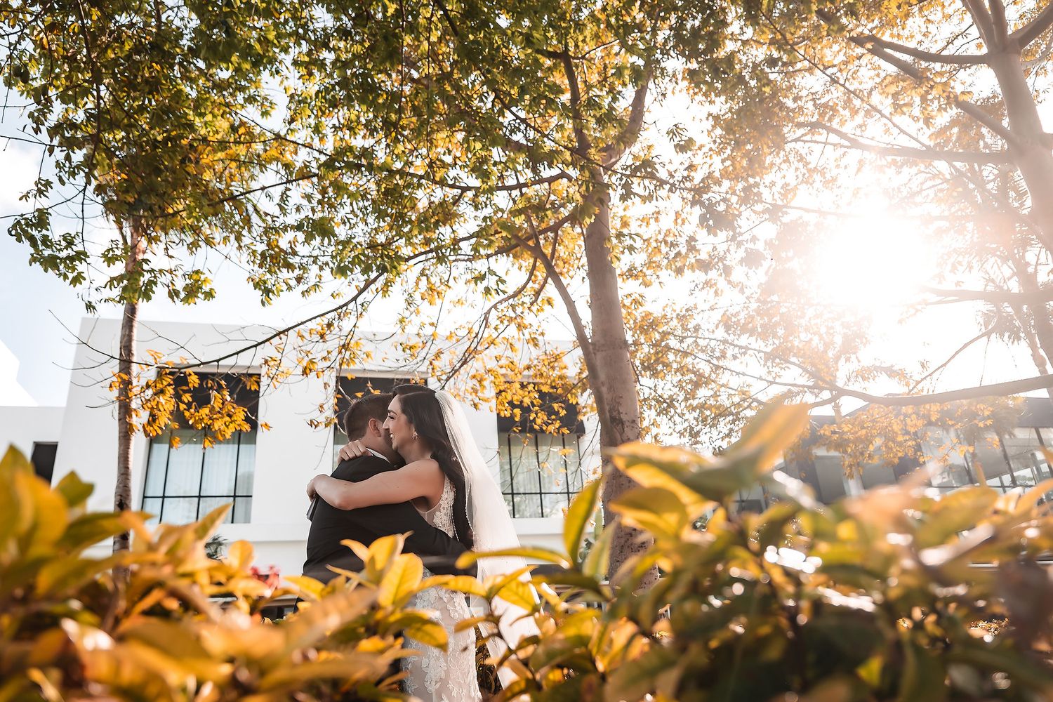 Couple embracing under sunlit trees with golden foliage near a white building, captured in warm romantic outdoor light.