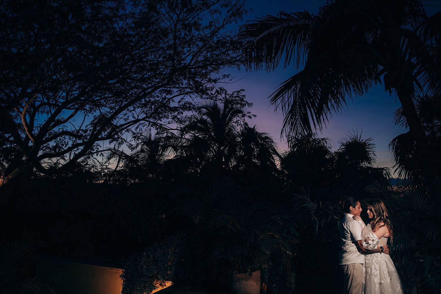 A silhouetted couple embraces during sunset with palm trees and dramatic sky in the background.