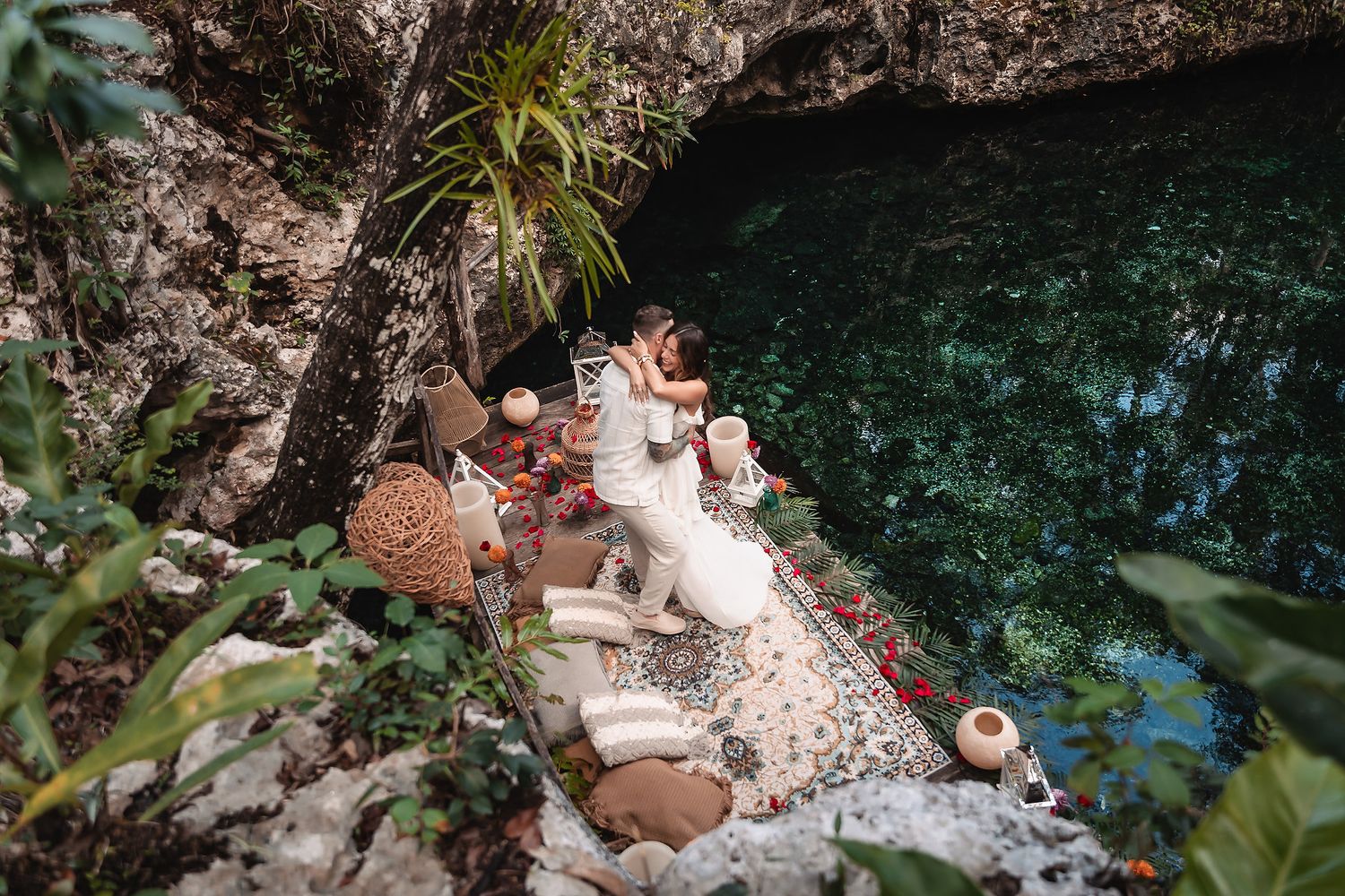 Romantic outdoor photo session in a lush garden setting with natural lighting and greenery.