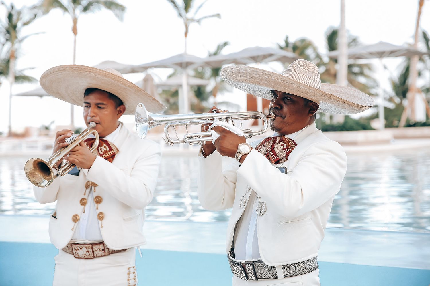 Traditional mariachi band performs in white uniforms by a resort swimming pool with palm trees in background.