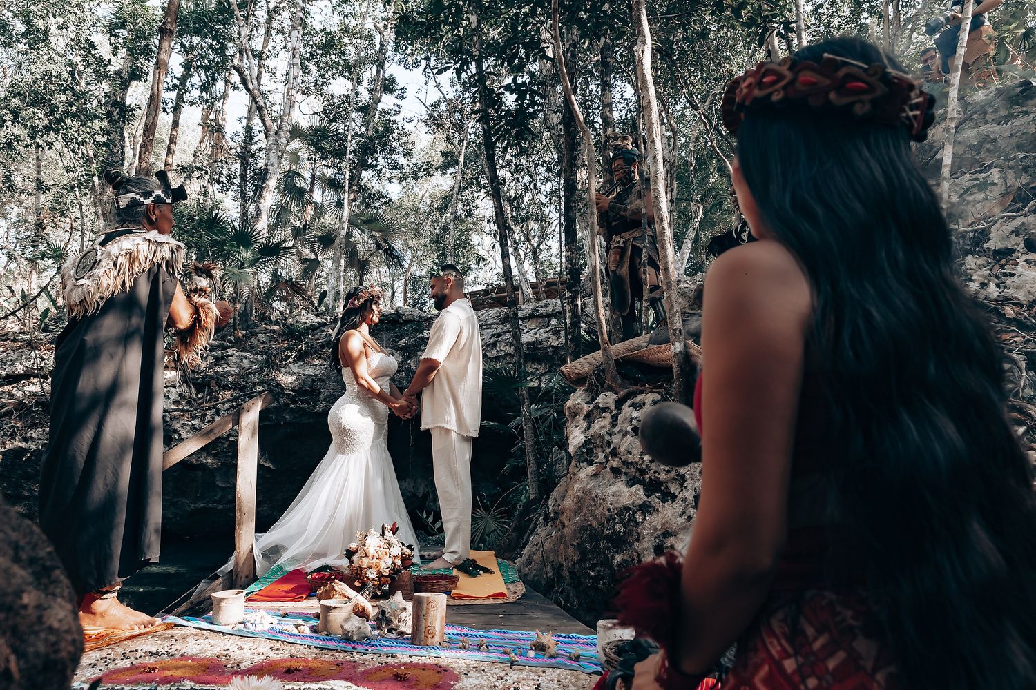A series of outdoor gathering photos showing people socializing in a wooded setting.