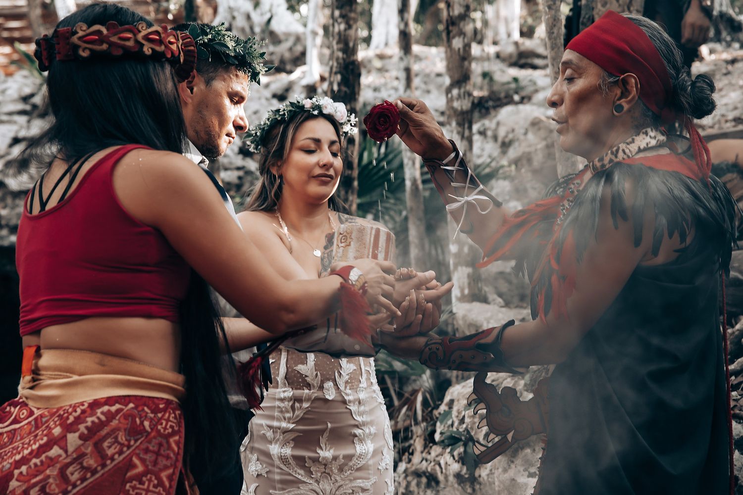 An atmospheric forest wedding scene with smoke effects and ceremonial elements.